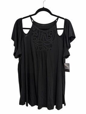 Torrid Women’s Super Soft Slub Jersey High Neck Crochet Cold-Shoulder Deep Black